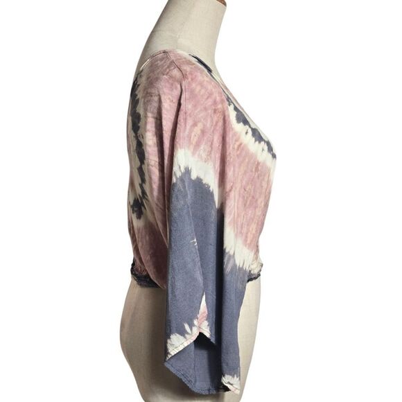 Tie-Dye Pink And Blue V-Neck Women's Crop Top - Picture 5 of 6